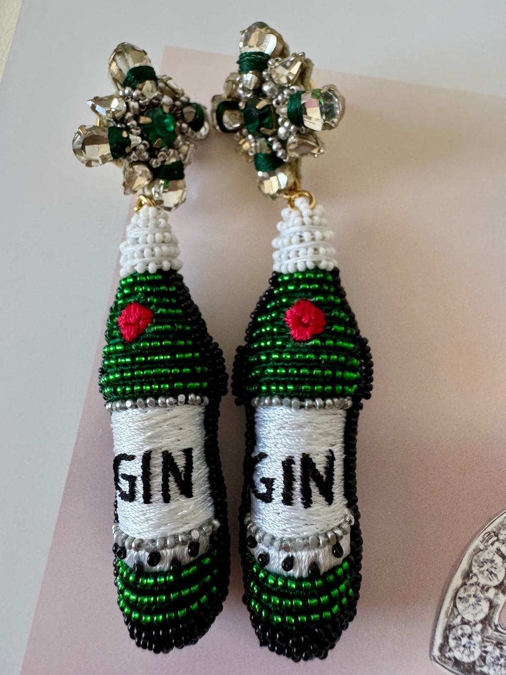Mignonne Gavigan *RARE* Beaded Green Gin Bottle Statement Earrings